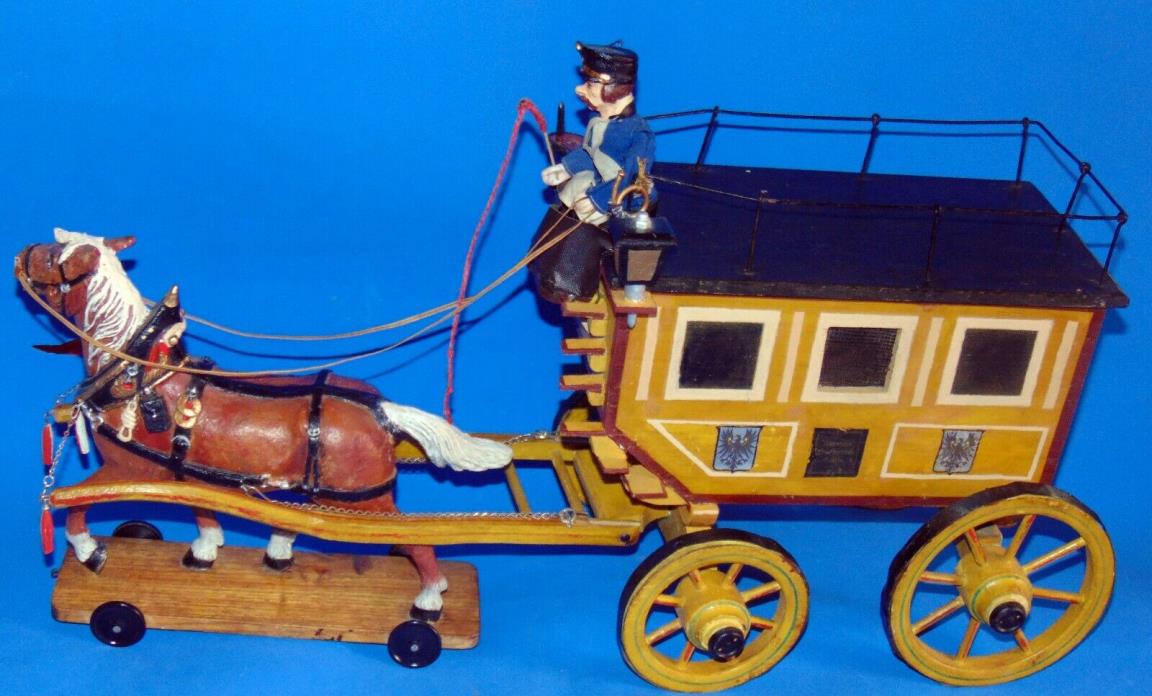 magnificent rare antique German  wood stagecoach w. coachman & horse  pull toy