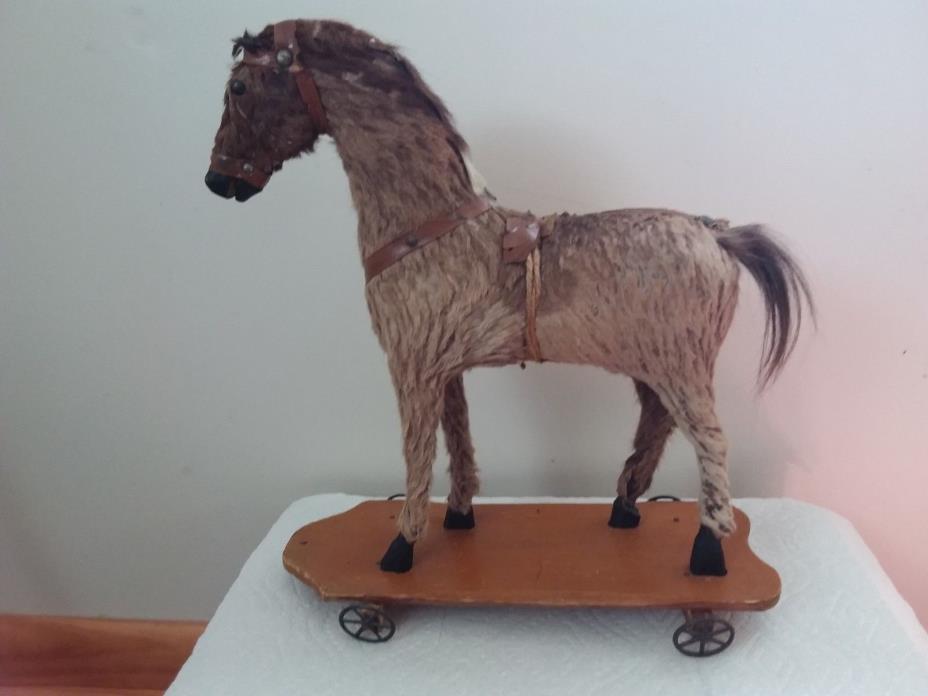 horse pull toy, German , wooden base w/all 4 wheels, fur, horse hair mane & tail
