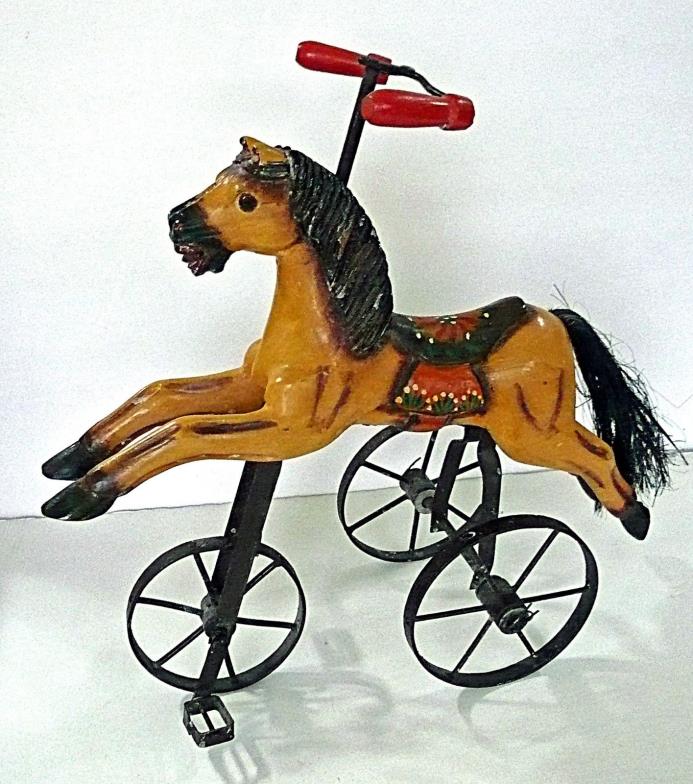 WOODEN HORSE TRICYCLE with Metal Wheels Decorative