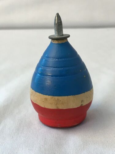 Vintage Wooden Spinning Top Toy~Wood w/Metal Tip~Original Red/White/Blue Paint