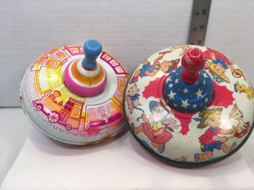OHIO ART Tin Spinning Tops Lot Of 2 Works Vintage