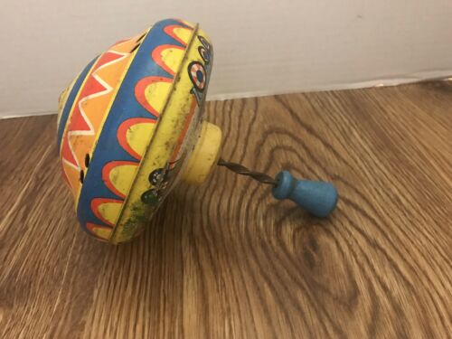 Vtg OHIO ART CO TIN LITHO SPINNING CIRCUS ANIMAL TRAIN TOY TOP w/ WOODEN HANDLE