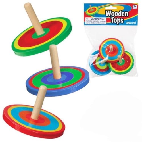 Toysmith Wooden Spinning Tops - Set of Three, Assorted Colors