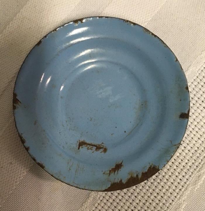 Vintage Miniature Enamel Plate, Blue, Toy Childs