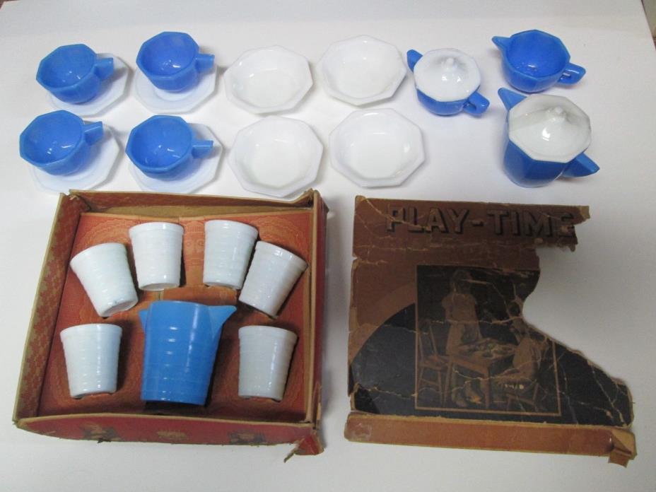 Vintage Akro Agate Play Time Glass Dishes Lot Blue & White Tea Set
