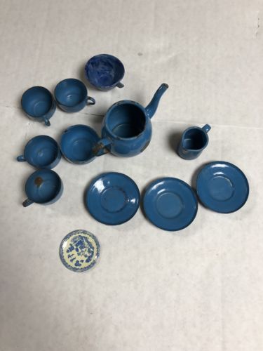 Vintage Tin Blue Tea Set Litho 12 Pieces