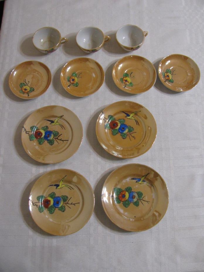 Vintage Lusterware Children Dishes with a Bird and Flowers
