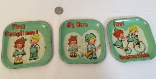 3 Square childrens TIN LITHO DISHES nursery rhymes RARE VINTAGE