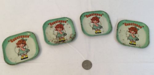 4 Square childrens TIN LITHO DISHES constance nursery rhymes RARE VINTAGE