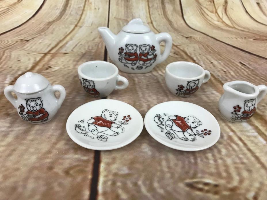 Vintage White Porcelain Teddy Bear Miniature 9pc China Tea Set