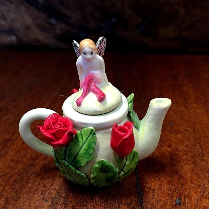 Vintage Miniature 2 in Ceramic Rose Flower Teapots Winged Fairy LId Khein 1980's