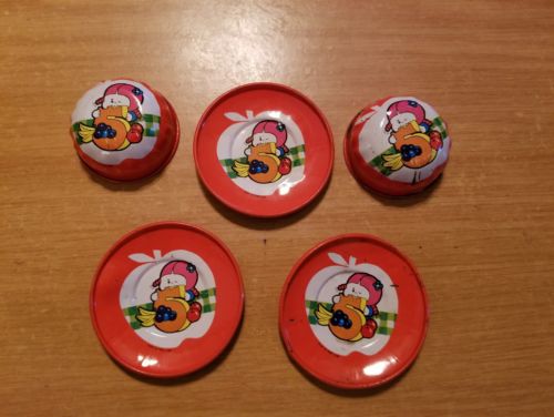 Vintage Tin Litho Toy Dishes Doll Set Red Apple Girl Number 5 Fruit Hong Kong