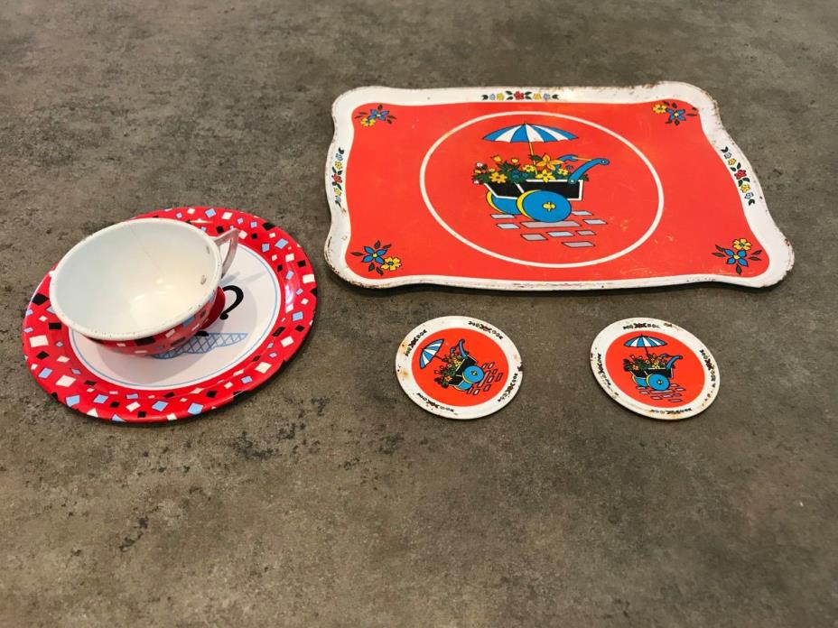Vintage Ohio Art Co. Tin Tea Set with Tray, Saucer, Cup and 2 Coasters