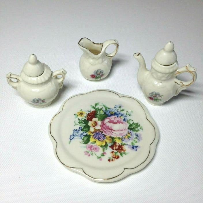 Miniature Ceramic Tea Set - Floral on White with Gold Trim