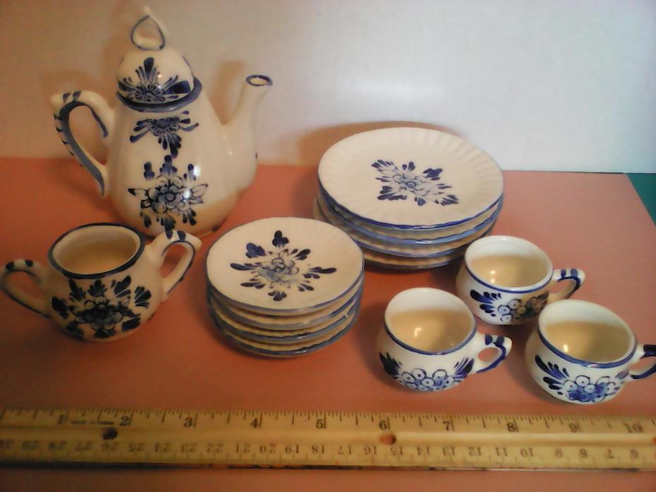 Vintage tea set, blue white ceramic.  14 pieces, teapot is 4.75