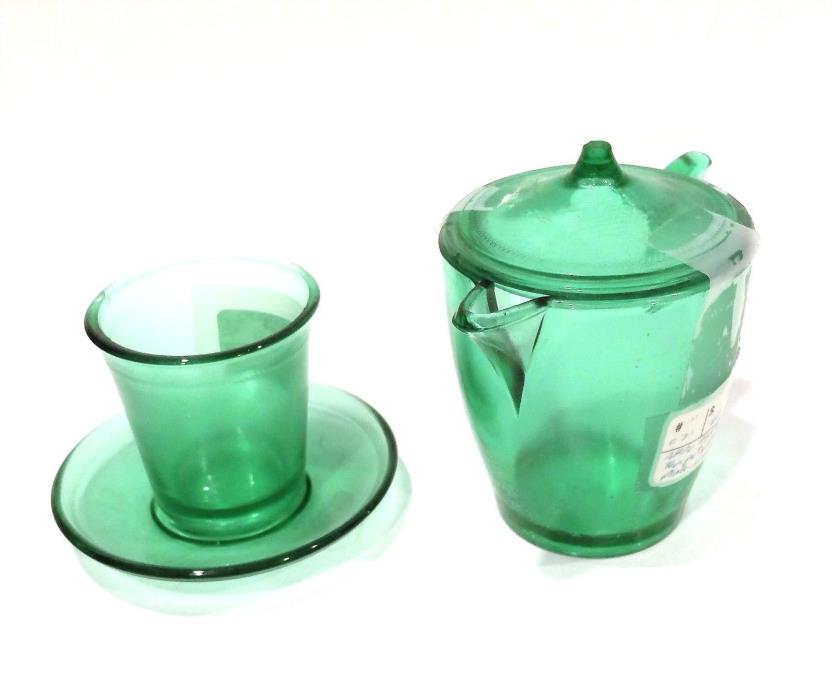 Akro Agate Green Vintage Glass Miniature Teapot / Pitcher w/ lid & Cup w/ Saucer