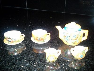 1960s Vintage Luster Ware Child's Toy Tea Set Doll Dishes Gold Flowers Japan