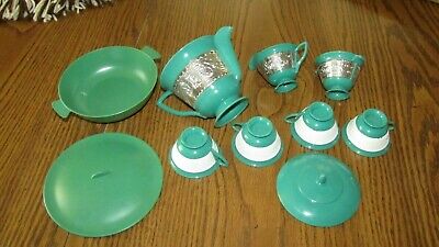 Vintage Banner Toy Dishes Green Bowl Pitcher Cup Creamer Sugar 10 Piece Tea Set