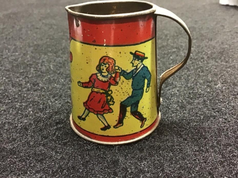 ANTIQUE VINTAGE CHILDS TOY TIN LITHO METAL Pitcher 2” Couples 2 sided