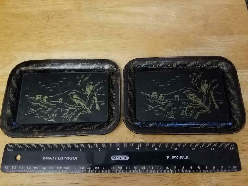 Vintage Ohio Art Tin Lithograph Child's Dishes- 2 Black Trays with Nature Scene