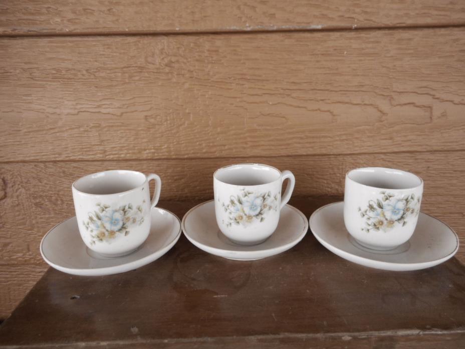 Vintage Child’s Cup Set 3 cups w saucers Used Some chips blue flowers