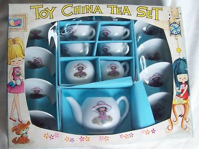 Vintage Toy China Tea Set -Teapot, Sugar, Creamer, Cups, Saucers, Plates, Box