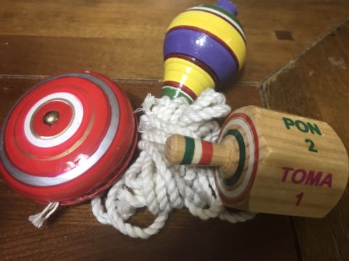 3 Pack Wooden Mexican Handcrafted Classic Toys: Trompo + Pirinola + Yoyo