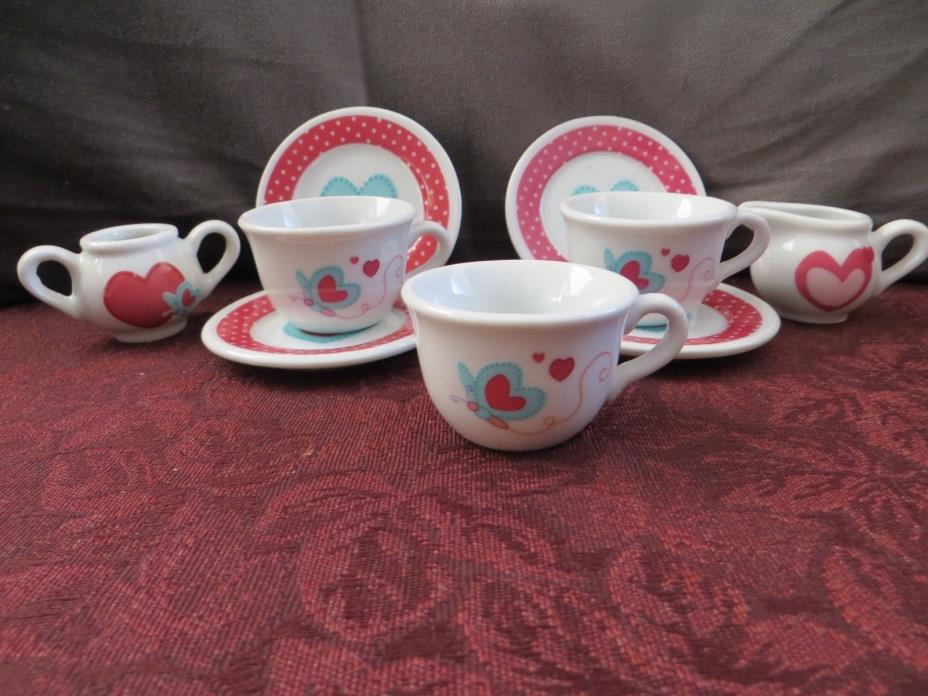 Child's Tea Set 9 pieces heart motif plates cups creamer sugar miniatures doll