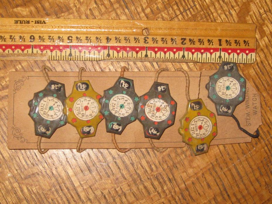 Occupied Japan Tin Toy Watches Lot o 6 Carded Novelty Movie Stars Unused Stamped