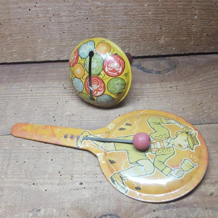 VINTAGE TIN TOYS~CHILDREN'S NOISE MAKERS~CLANKER RATTLE STYLE~WOOD HANDLE /BALLS