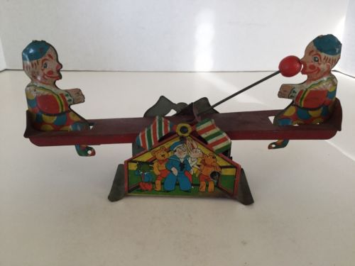 Early Tin Litho Child's Toy Teeter Totter Antique See-Saw
