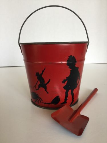 Vintage Tin Litho Sand Pail Graphics Little Miss Muffet Nursery Rhyme Silhouette