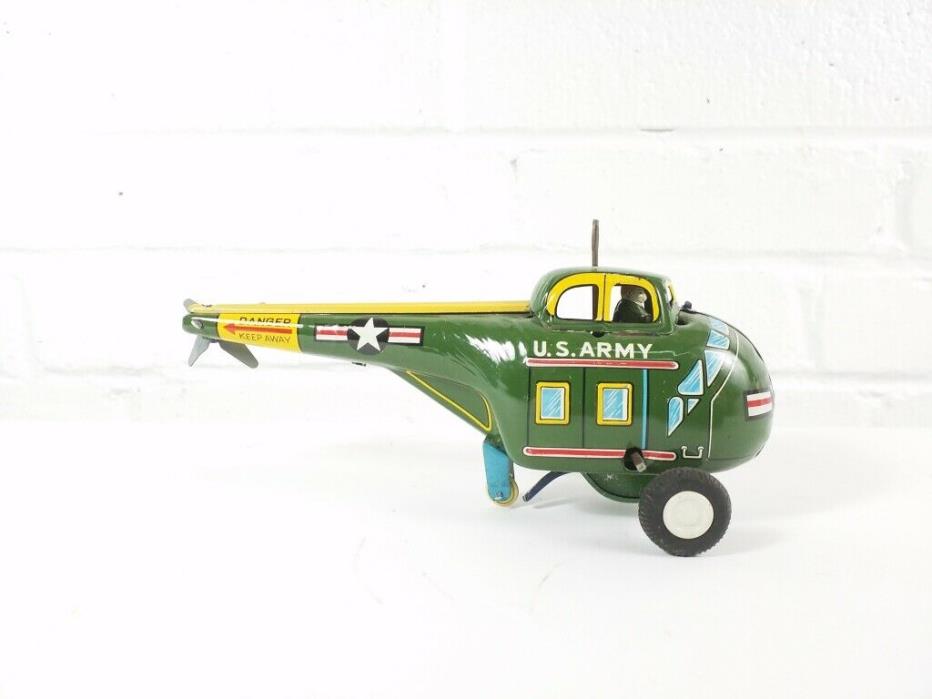 Vintage Wind Up SAN U.S Army Litho Helicopter Tin Toy, Japan propeller missing
