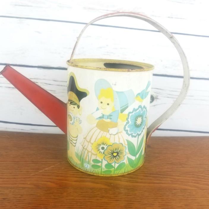 Chein Tin Watering Can Childs Toy Litho Vintage Flowers Garden Boy Girl
