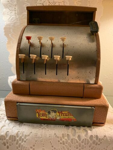 Vintage Tom Thumb Metal Tin Cash Register Play Toy 2 Drawer 1950's Antique Decor