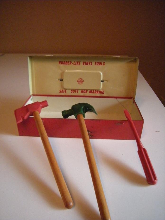 VINTAGE BUSY BOY TOY TOOL BOX + TOOLS OHIO ART METAL TIN VIVID GRAPHICS 'AS IS'