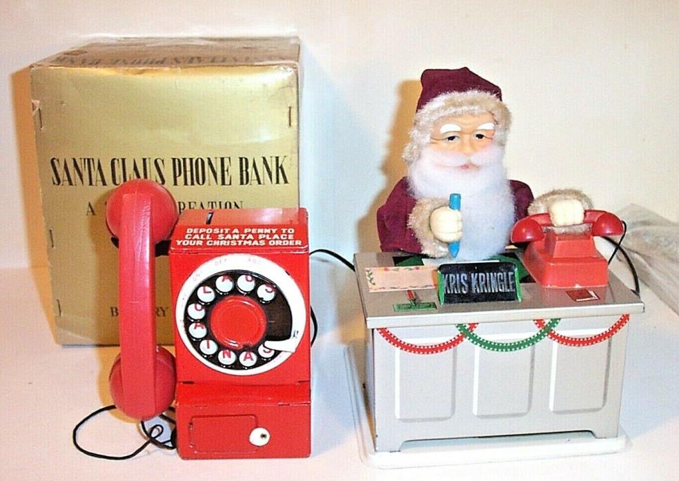 RARE 1950's BATTERY OPERATED SANTA CLAUS PHONE BANK CHRISTMAS TIN TOY JAPAN MINT