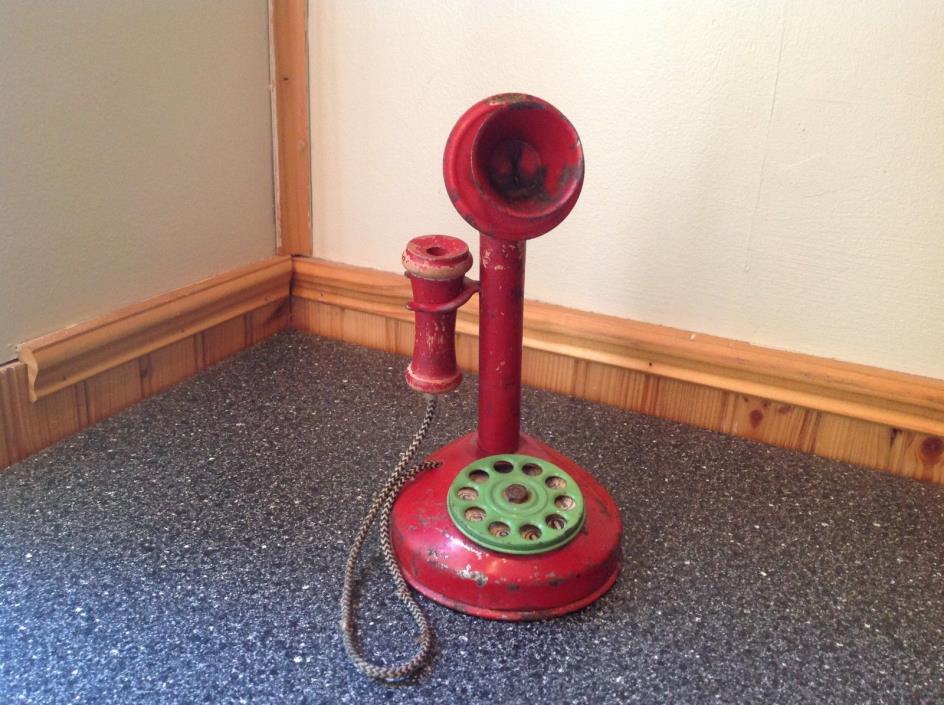 Vintage Childs Red Toy Rotary Candlestick Telephone Tin and Wood