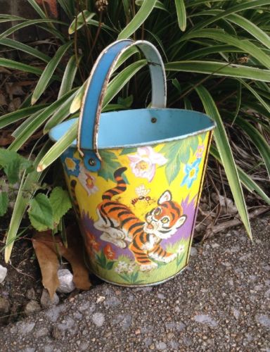 Vintage Sand Pail by Ohio Art- Tiger Cubs-Flowers & Butterflies-Pre Zip Code Era