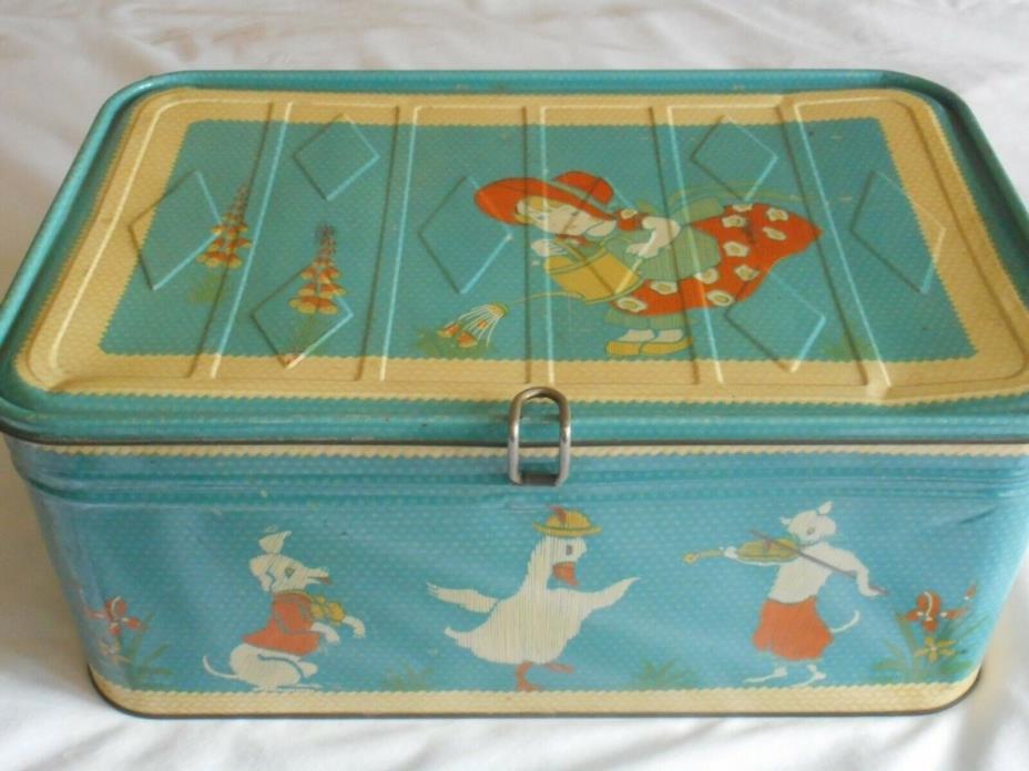 c1930 Ohio Art Tin Lithograph Mother Goose Nursey Rhyme Picnic Basket