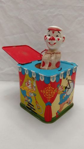 Vintage 1950s Tin litho lithograph circus Ohio Art Clown Jack In The Box