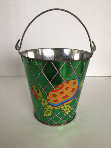 Vintage Ohio Art Co. Tin Litho Large Sand Pail, Green With Fish, Crab & Turtle