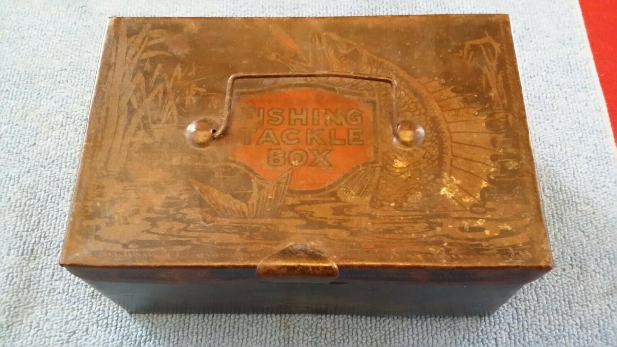 VINTAGE RARE TIN LITHO TOY FISHING TACKLE BOX HUCKLEBERRY FINN WITH HANDLE