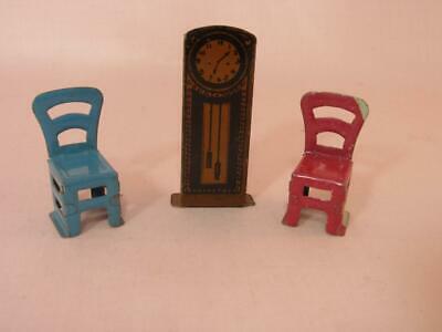 Marx Newlywed Tin Litho Clock, Chairs - Vintage Miniature Dollhouse