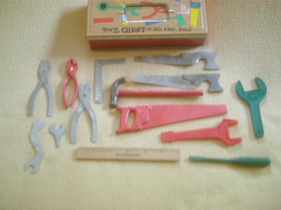 Vintage Ohio Art Busy Boy Tool Chest w/Some Safe Vinyl/Wood Tools  Metal/Tin Box