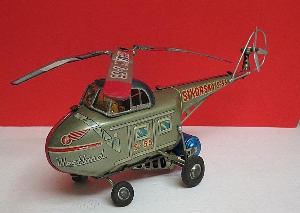 VINTAGE ALPS JAPAN TIN FRICTION SIKORSKY S-55 WESTLAND HELICOPTER 1950’s-WORKS!