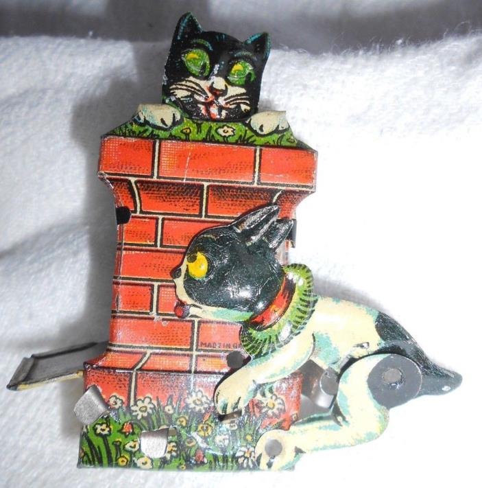 Antique Vintage Tin Litho Toy Action Clicker Dog Chasing Cat  Germany