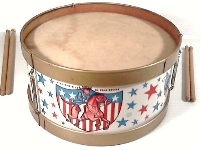 Vintage J. Chein Midnight Ride Of Paul Revere Tin Toy Drum And 2 Drum Sticks.