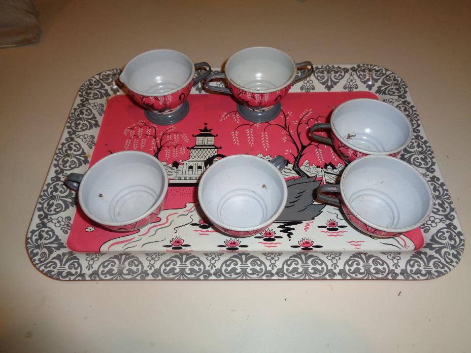 VTG OHIO ART Childs Swan Tin Metal Tea Set 4 Cups, Tray and Cream & Sugar EUC