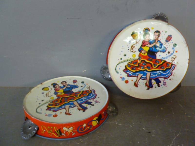 ( 2 ) VINTAGE TIN LITHO Tamborines US METAL TOY MFG CO. Pressed Tin Toys